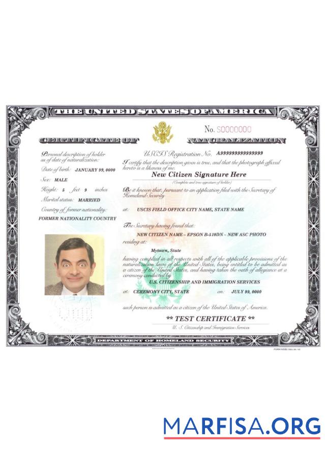 Blank USA certificate of naturalization real example